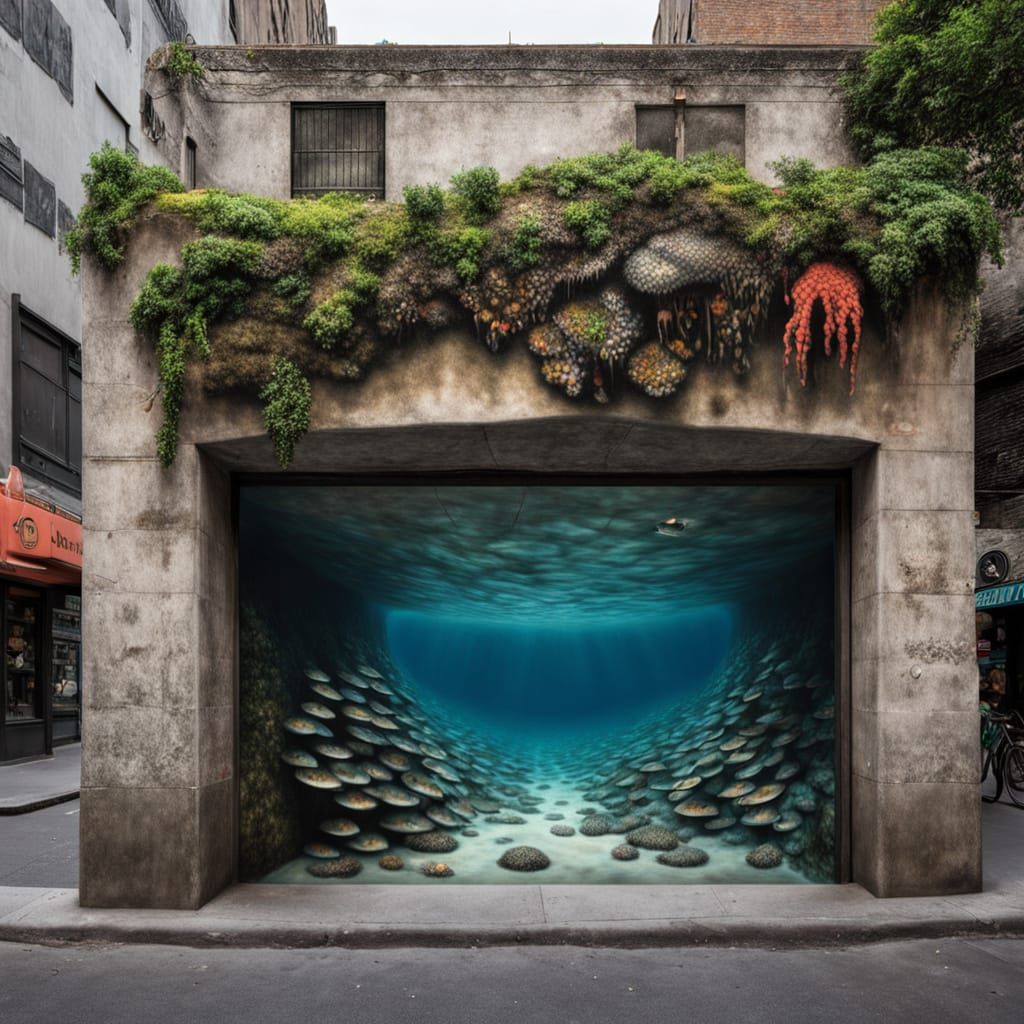 Vibrant Street Art of an Underwater Grotto Along a City Side...