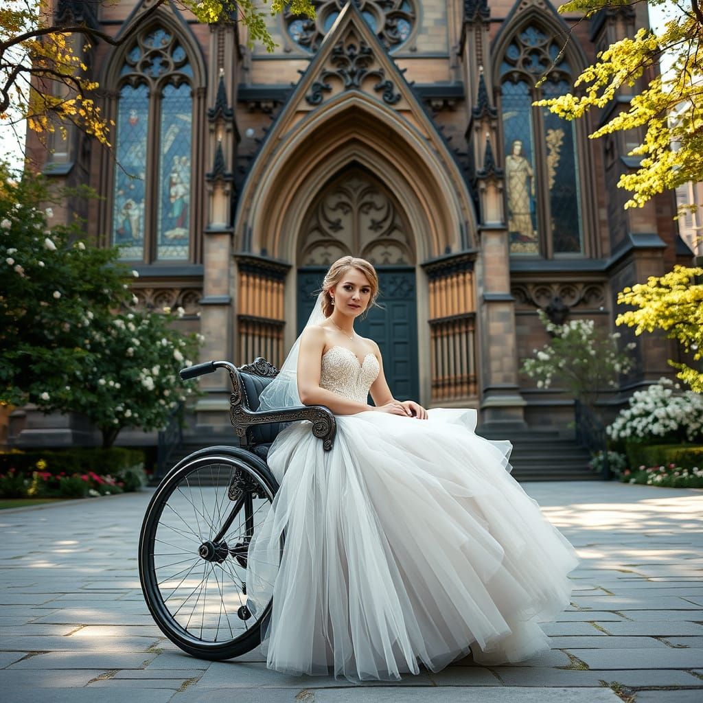 Romantic Bride in Elegant Wheelchair Pose in Front of Majest...