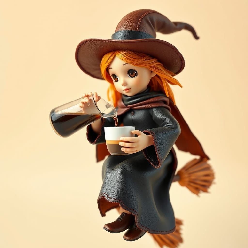 Leather Art Witch Doll Riding Broomstick