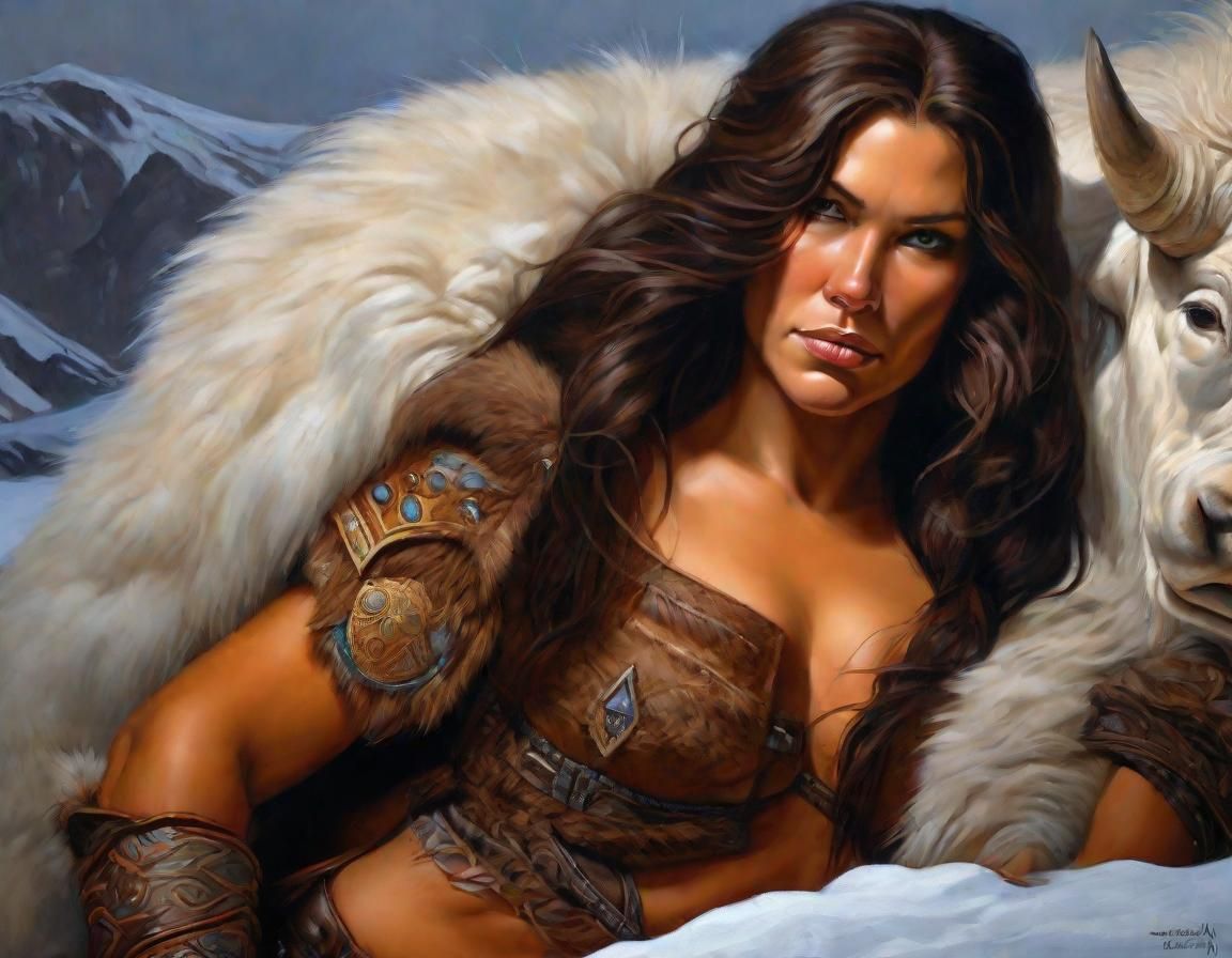 Barbarian Warrioress and Yak in Snowy Landscape