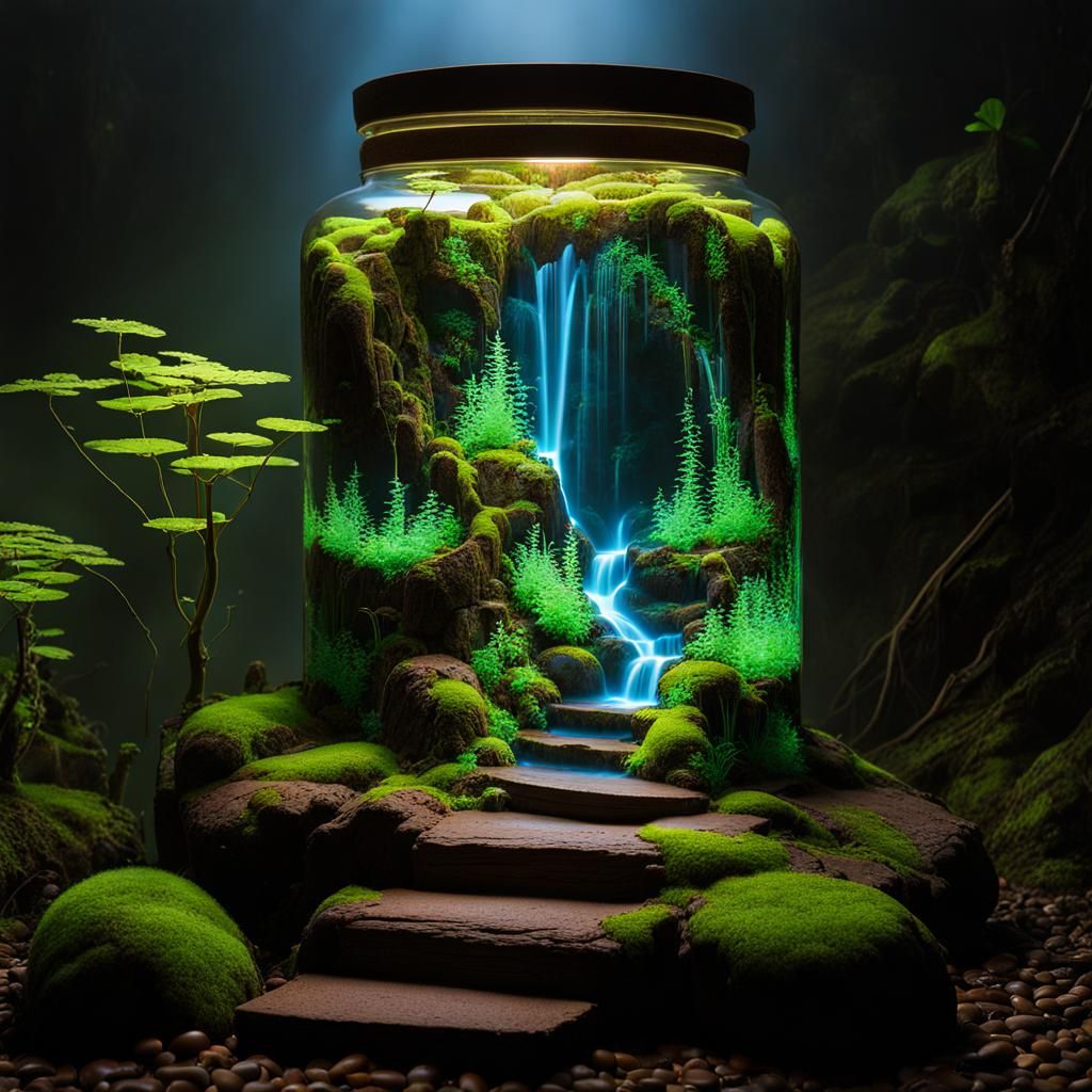 Waterfall Landscape Inside Glass Jar with Bioluminescent Ele...