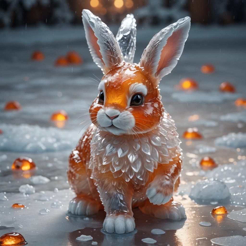beautiful cgi rabbit reddish-orange with white feet ice scul...