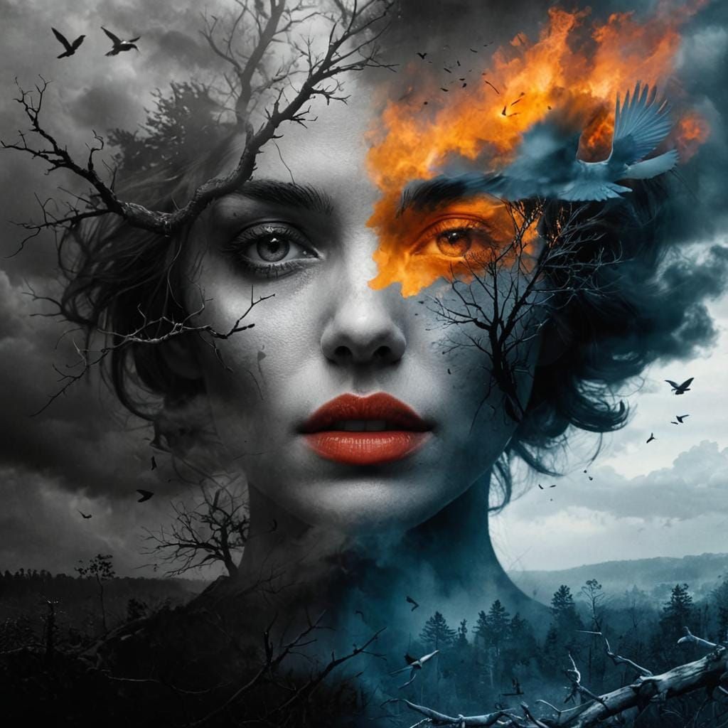 Contrasting Woman Portrait: Grayscale Forest and Vibrant Sea