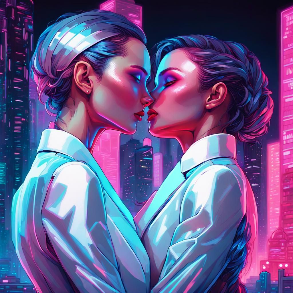 Cyberpunk Android Brides Embrace in Neon Cityscape