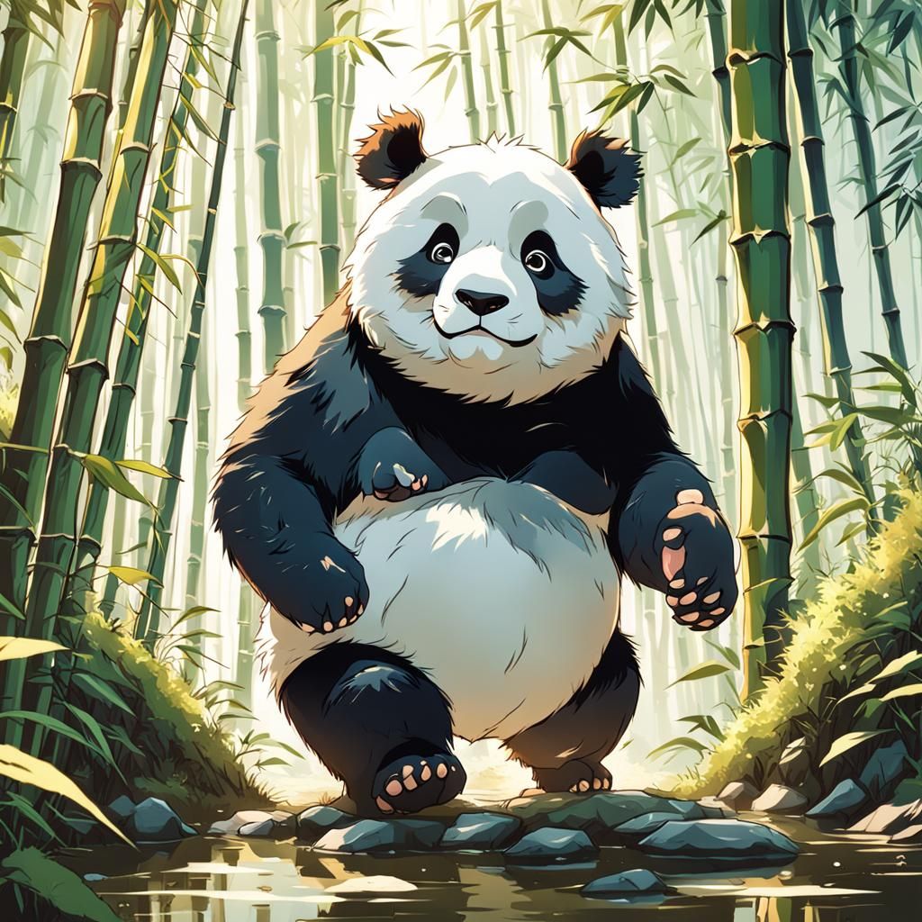 a cute chubby panda in a bamboo forest