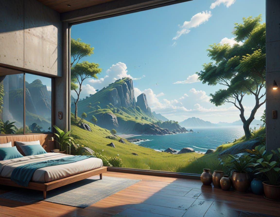 Surreal Vista of Modern Room with Panoramic Ocean View