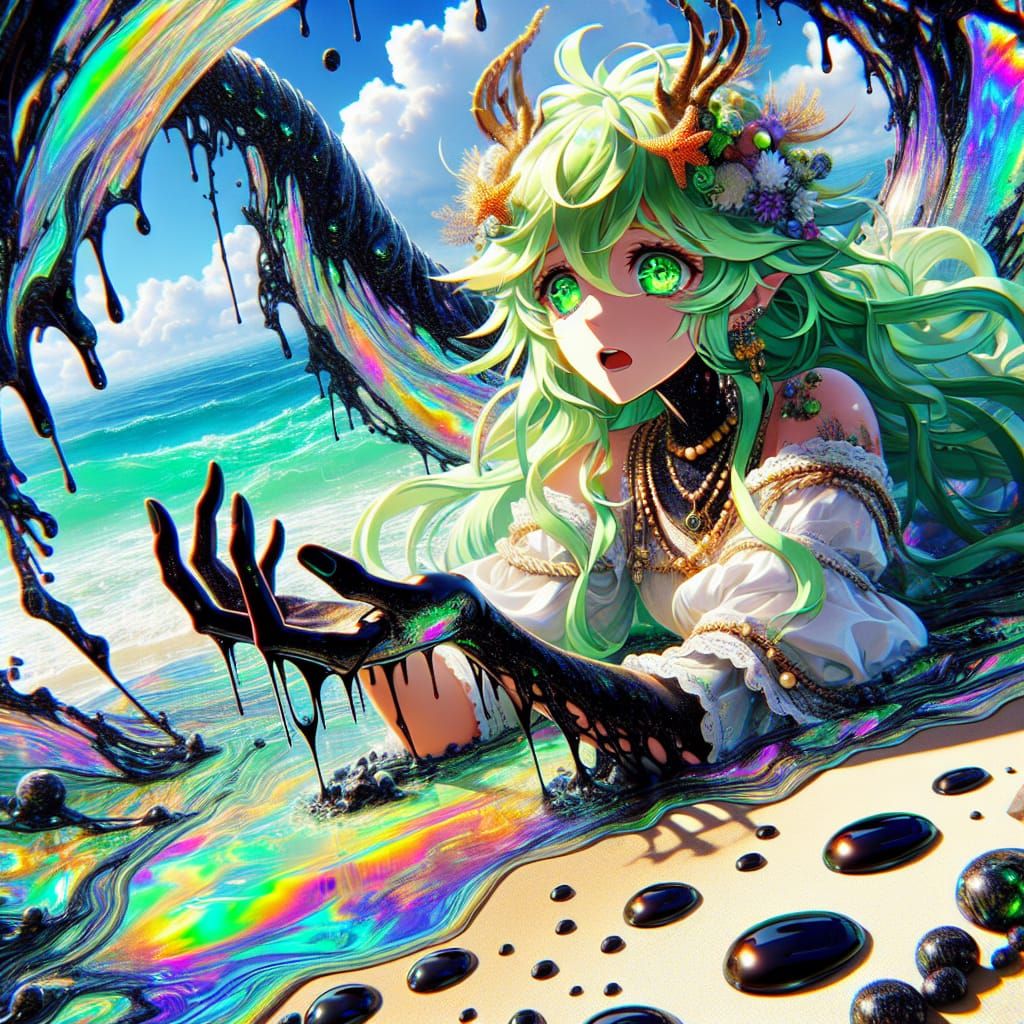 Anime Mermaid Satyr Beached in Oily Waves