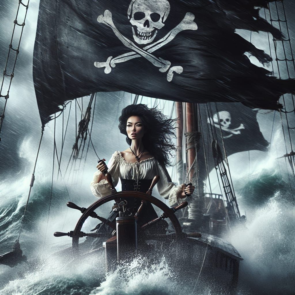 Pirate Girl Commands Ship in Violent Storm