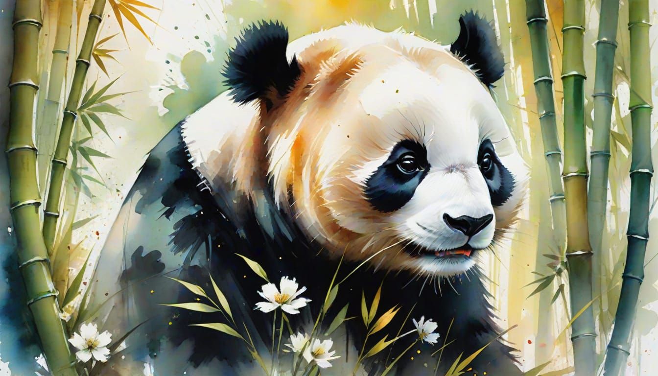 Ethereal Giant Panda in Vibrant Watercolour Landscape