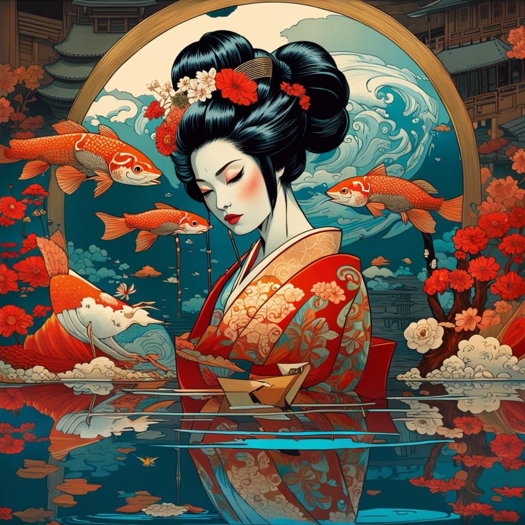 Hyperrealistic Geisha and Mirrored Reflection