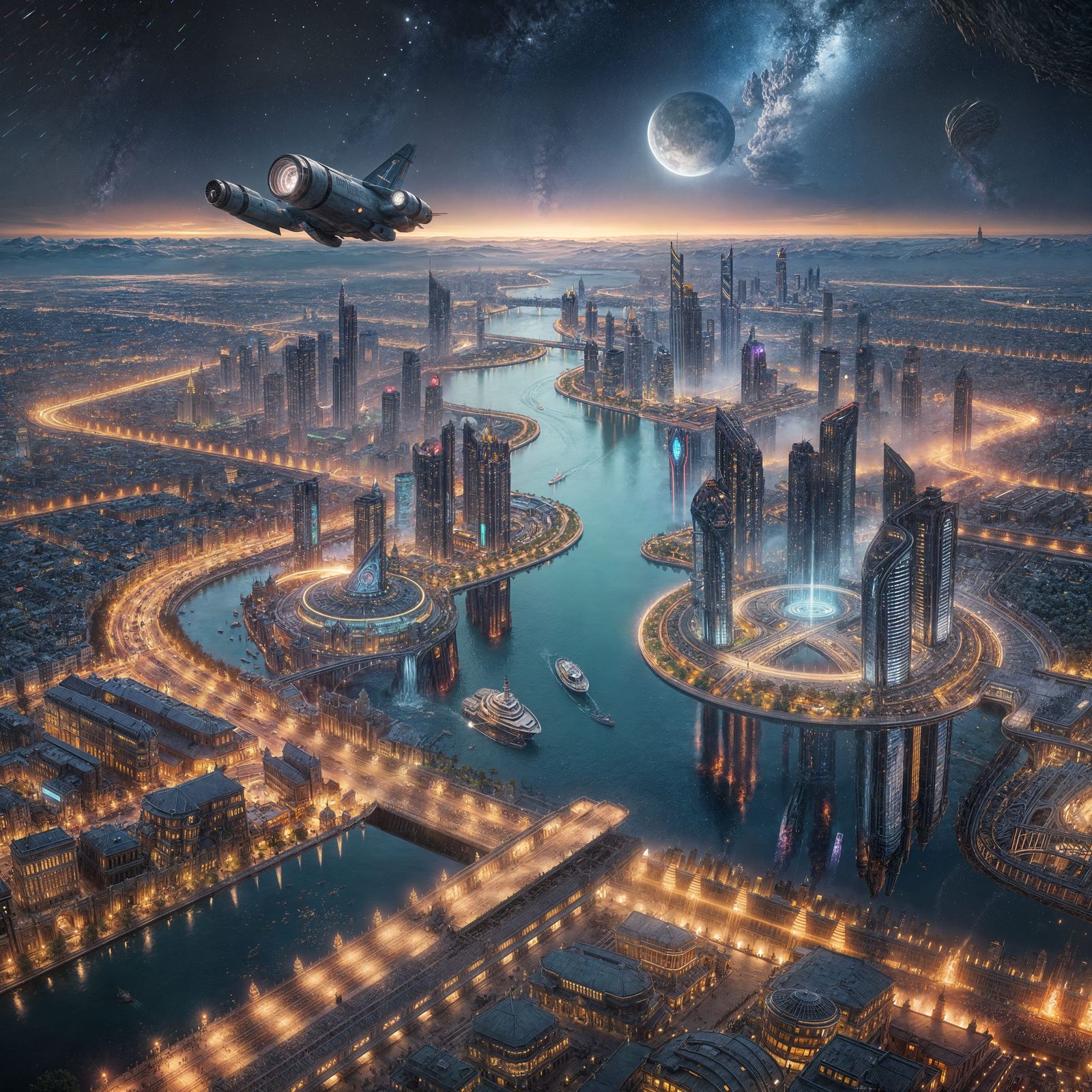 Starry Megacity at Night: Bird's-Eye View in Matte Painting ...