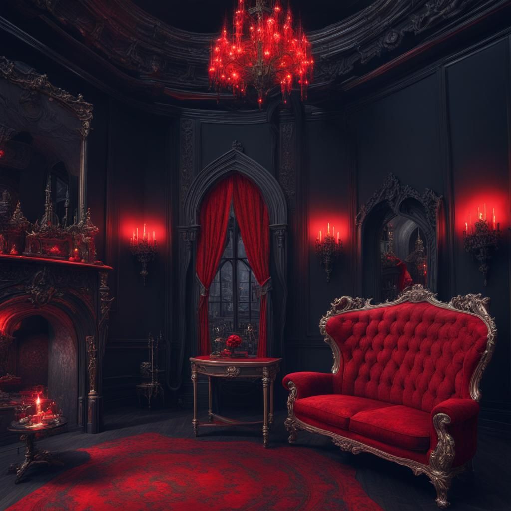 Beautiful gothic living room with with black walls with red ...