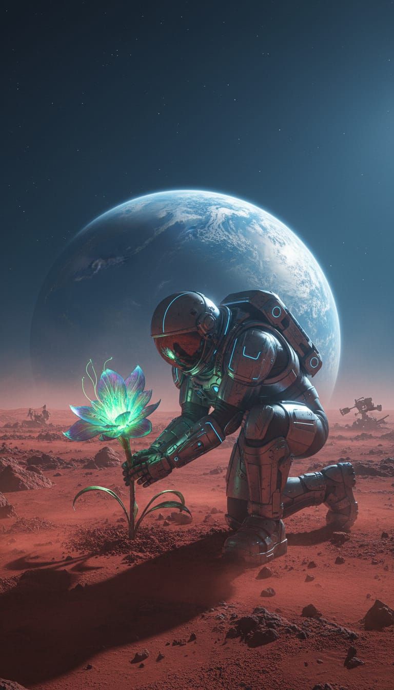 Astronaut Plants Glowing Flower on Mars in Sci-Fi Art Style