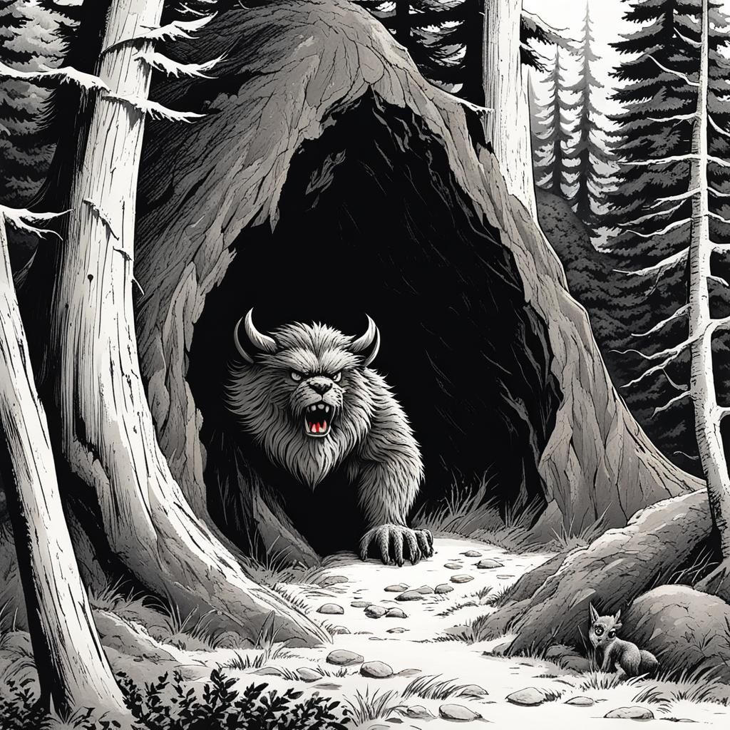 Bugbear Emerges into Forest from Spruce Tree Cave