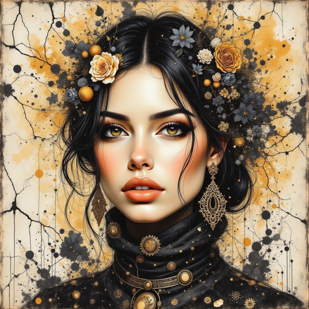 Elegant Woman in Ink Portrait with Cracked Textures