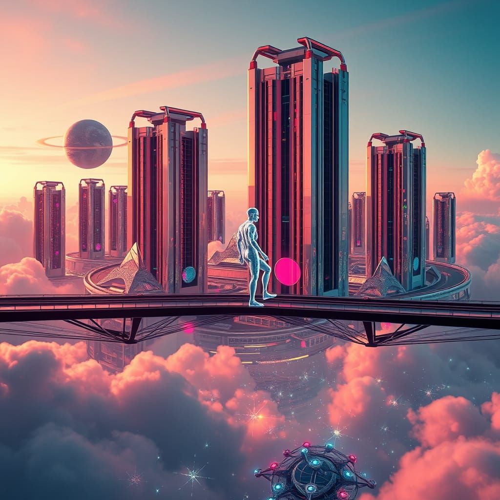 Un paisaje urbano futurista suspendido en el cielo