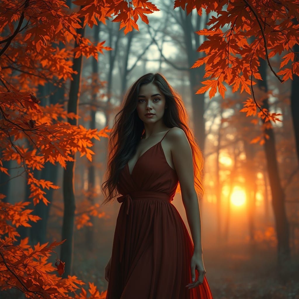 Woman in Autumnal Forest at Sunset, Digital Painting