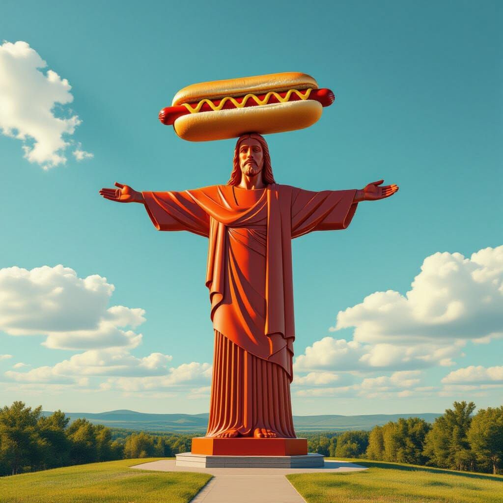 Christ of the Ozarks Statue with Hotdog, Cinematic Golden Ho...