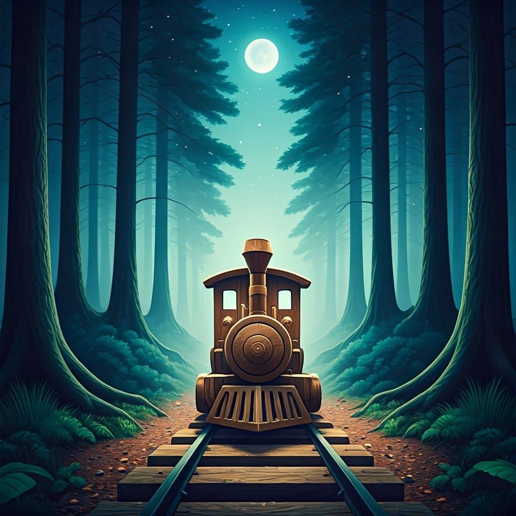Dreamy Wooden Train Emerges from Moonlit Forest
