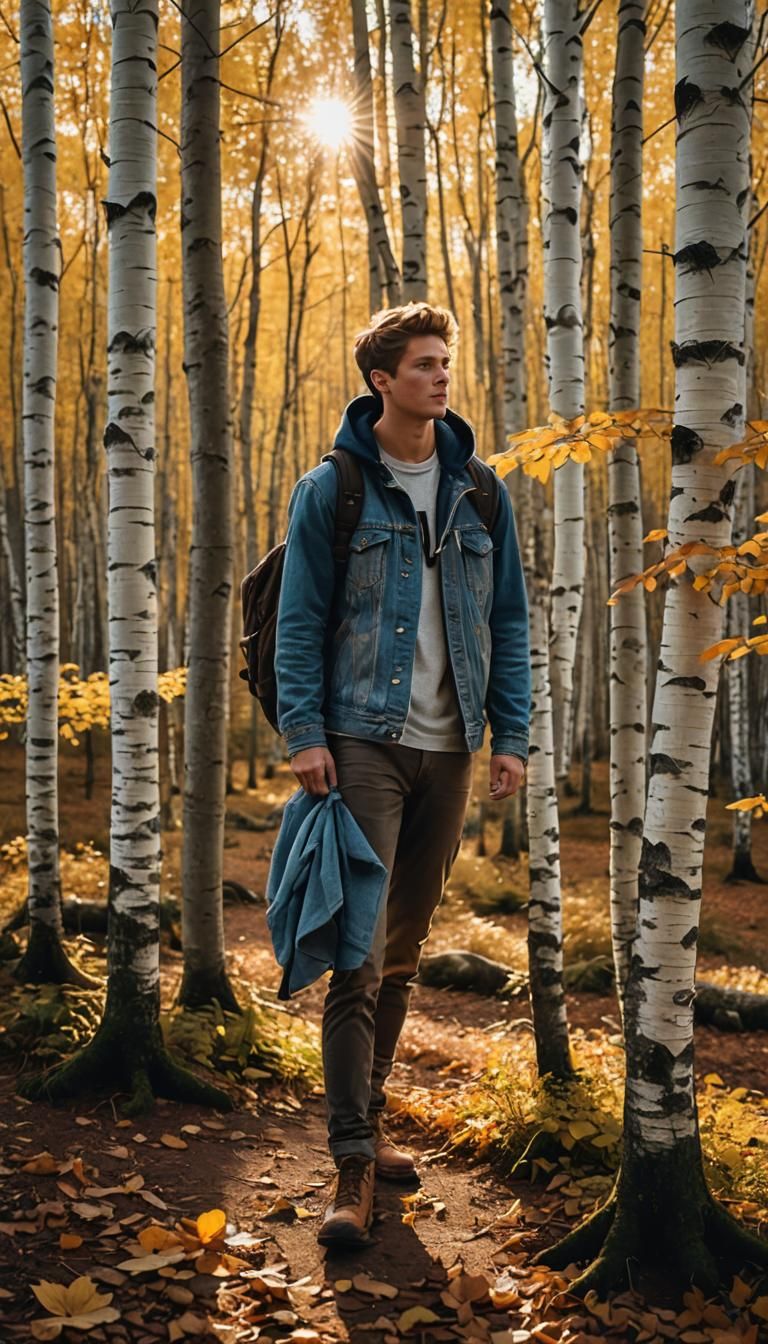 Man Hiking in a Golden Autumn Birch Forest