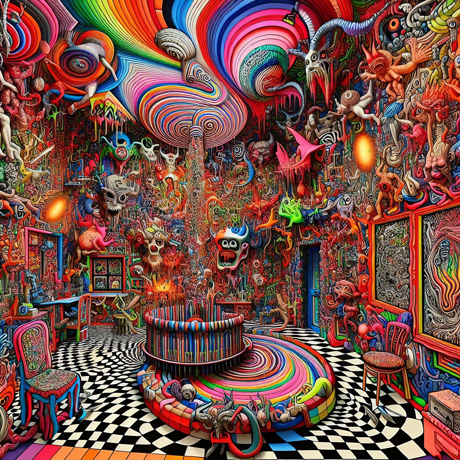 Grotesque Surreal Room with Demons in Dada Op Art