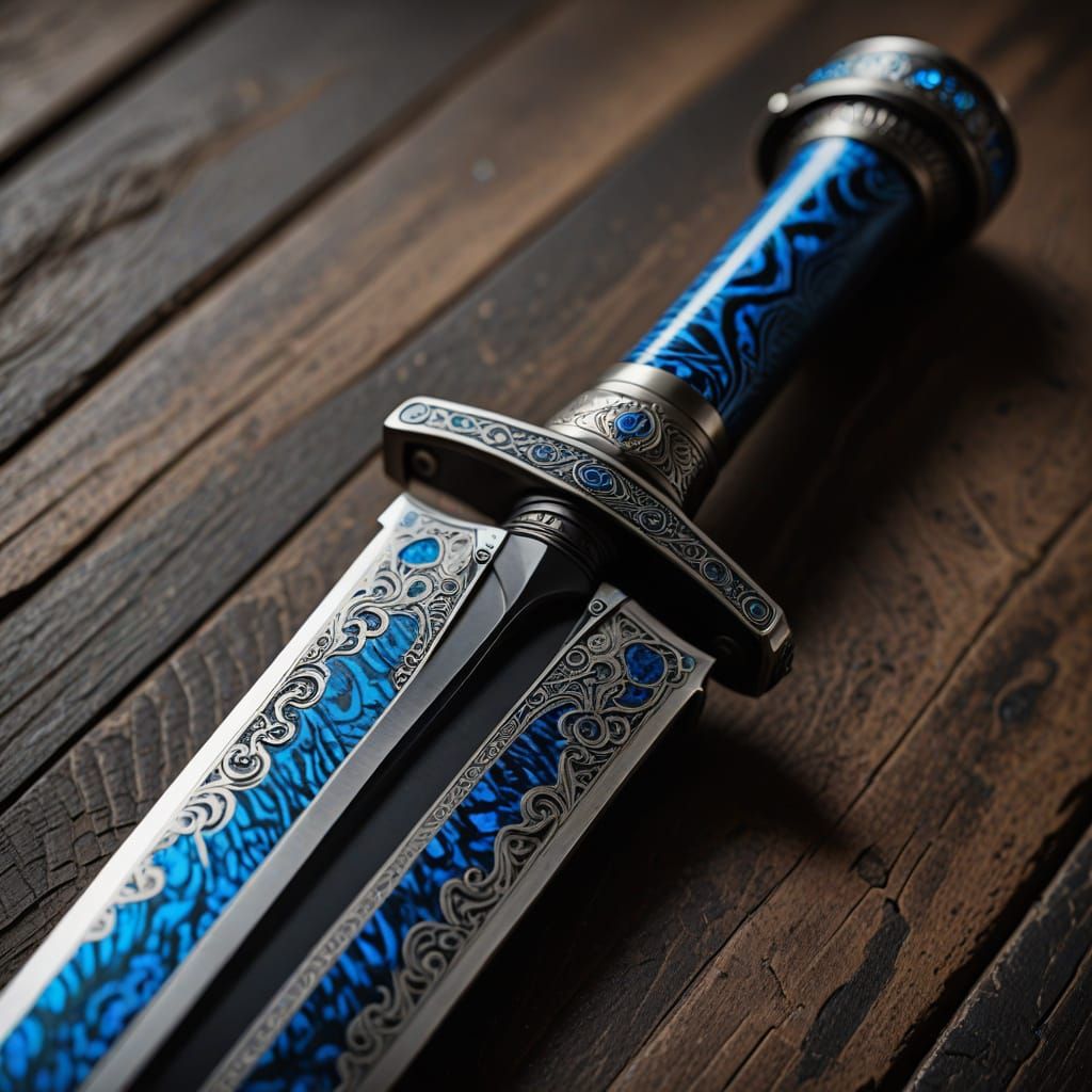 Silver electric blue and black Damascus sword