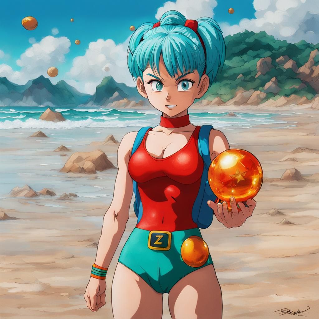 Bulma on Beach with Dragonball in Hyperrealistic Style