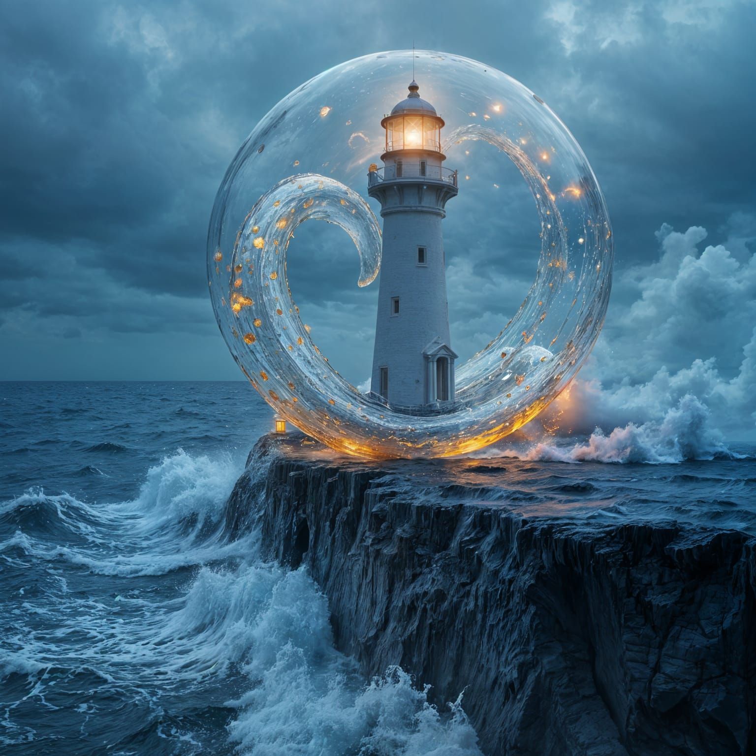 Luminous Lighthouse in Iridescent Water Sphere