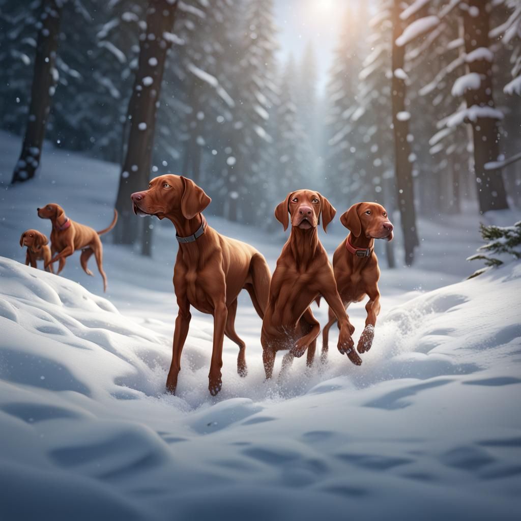 Vizsla Family's Snowy Frolic: A Detailed Matte Painting