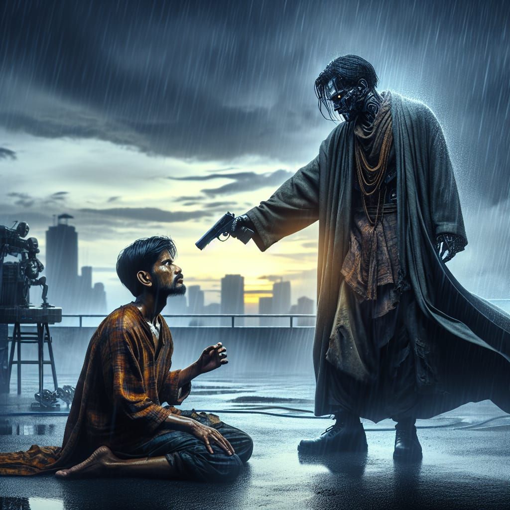 Cyberpunk Cyborg Surrenders at Sundown: Matte Painting