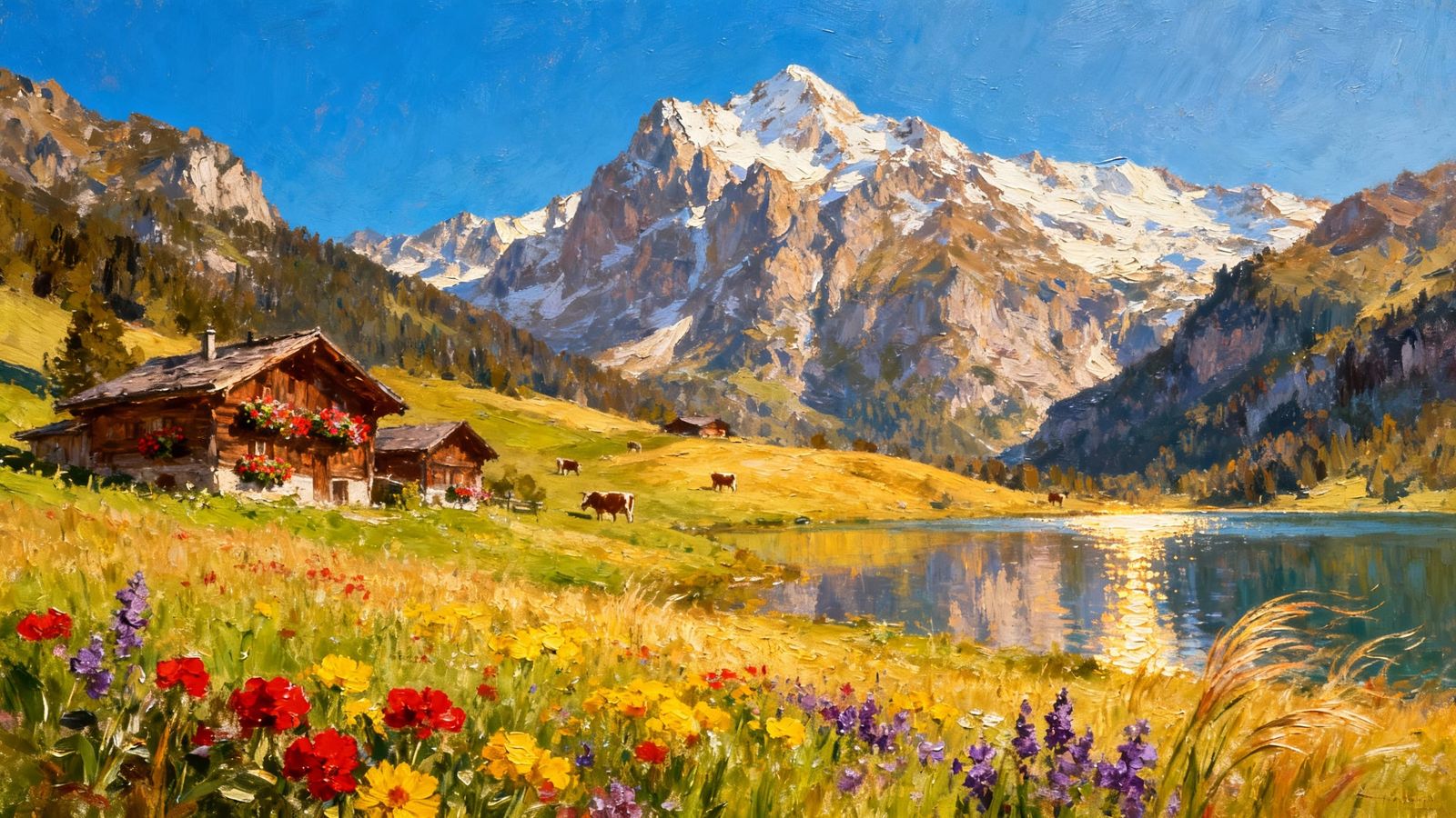 Oil Painting of a Serene Swiss Alps Summer Day