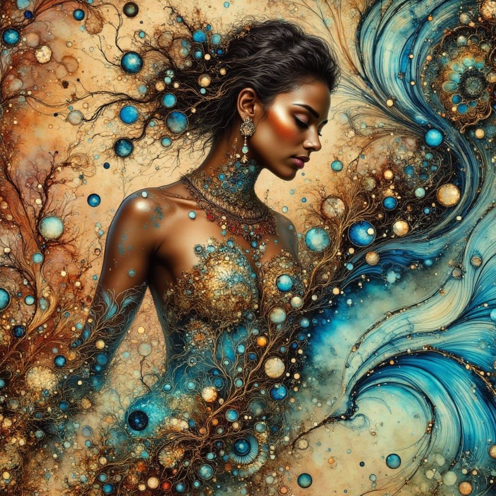 <lora:Alcoholic Inks:1.0> Beautiful Indian woman wearing gold sheer mesh halter top and tourquise and gold flowing wrap....