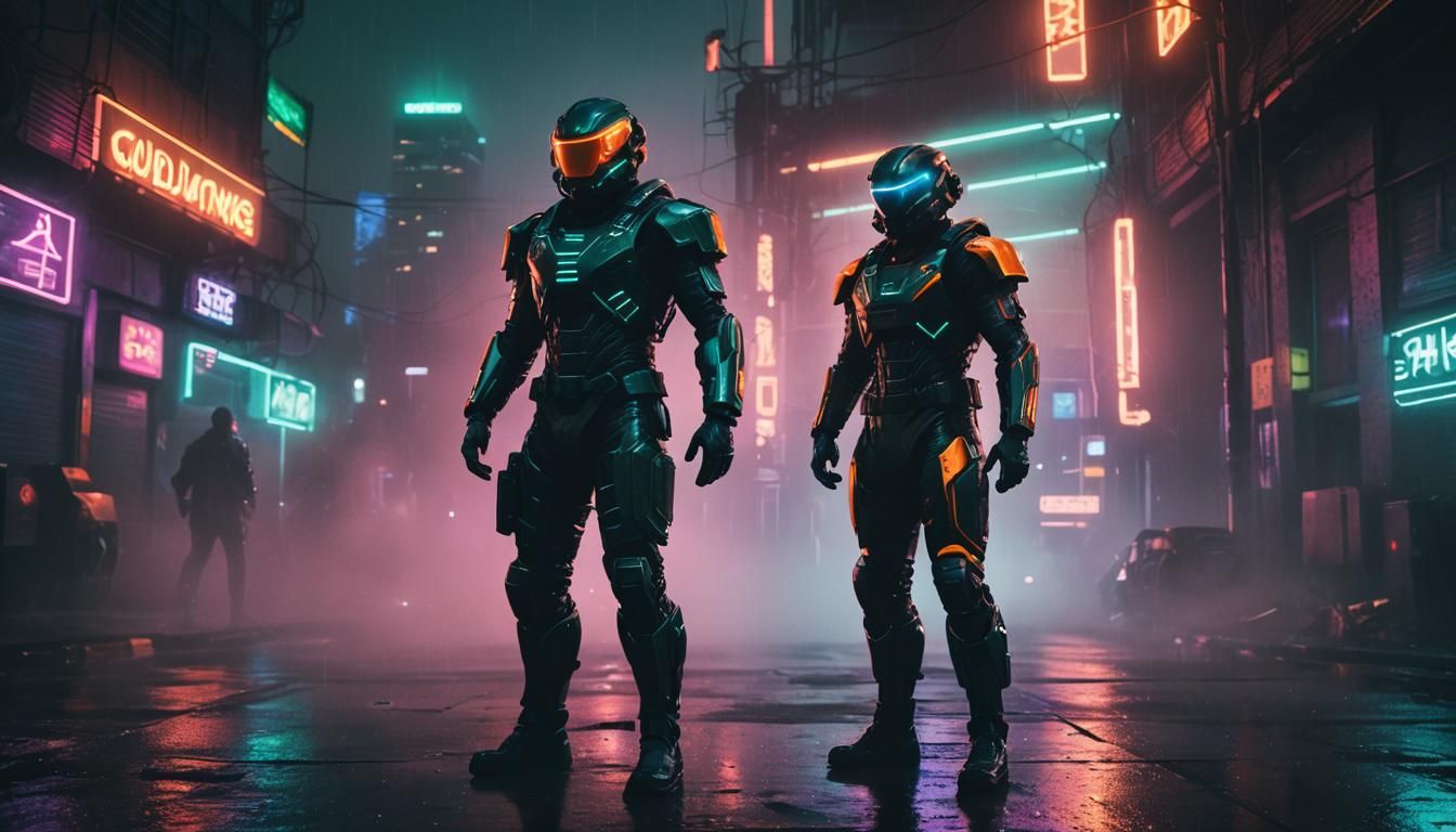 Synthwave Soldier in Neon Cyberpunk Cityscape