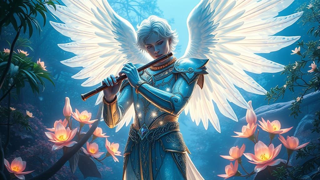 Sapphire Angel Serenades in Vibrant Hyperrealistic Garden
