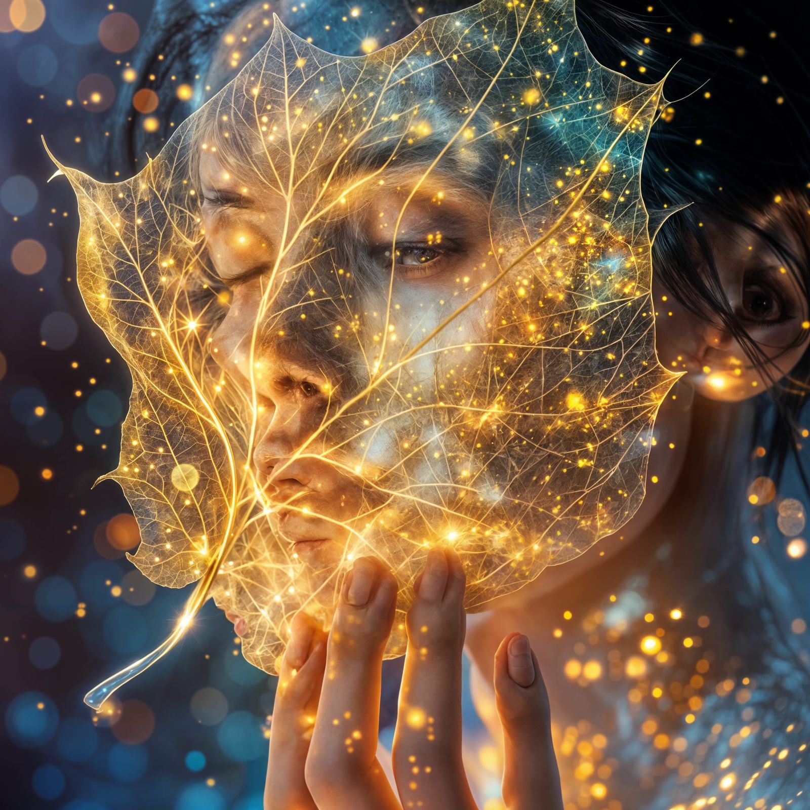 double  exposure, big transparent glowing  leaf, macro high-quality texture.  an angelic woman touching her face, high-d...