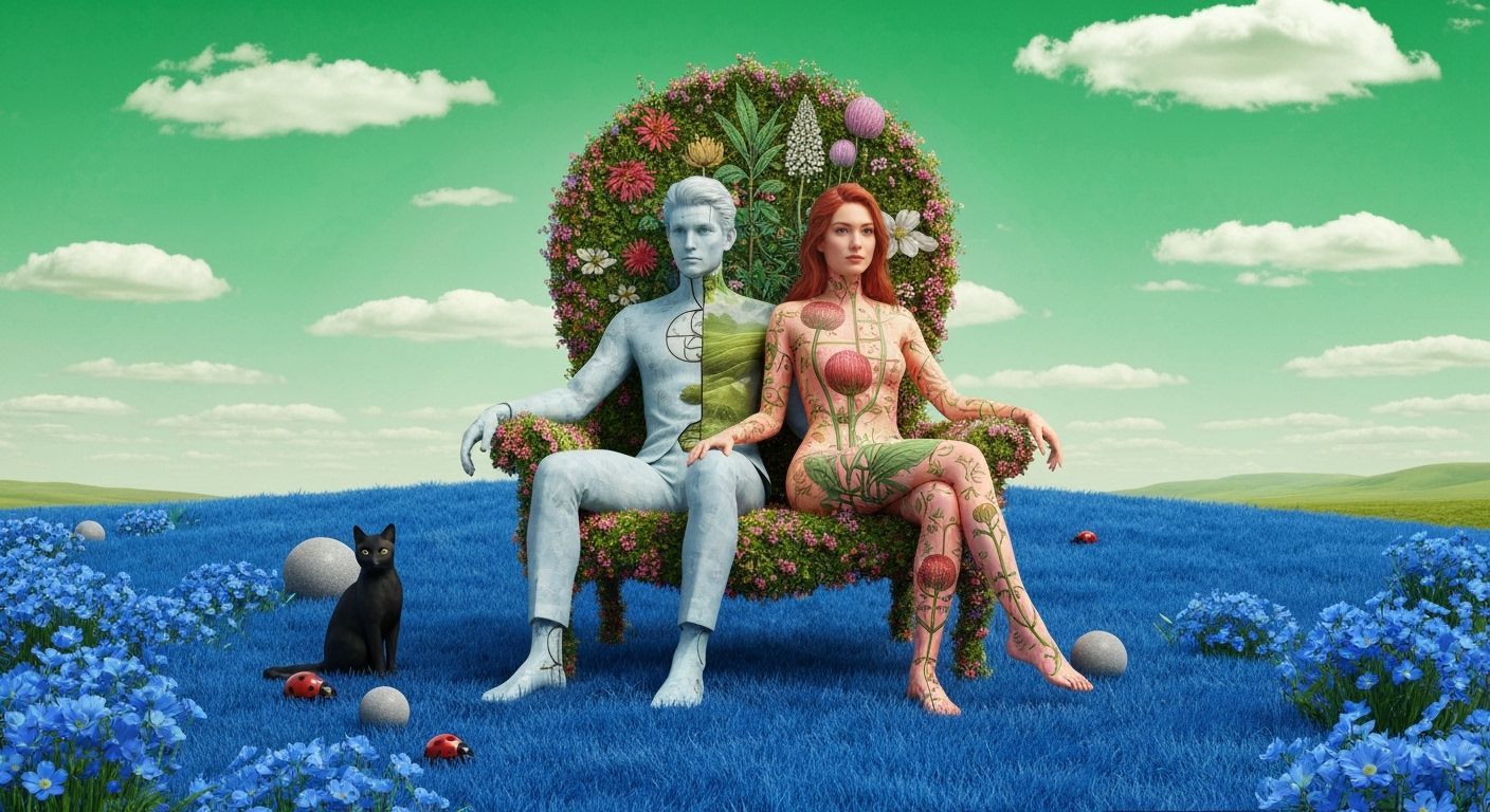 Surreal Duo Sipping Stardust in Cosmic Flower Chair