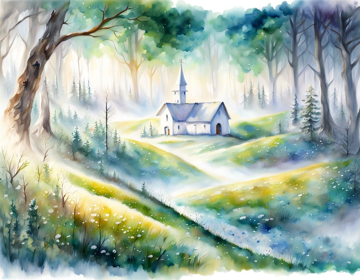 Fluffy Barn Owl Over Green Hills in Soft Watercolor Style