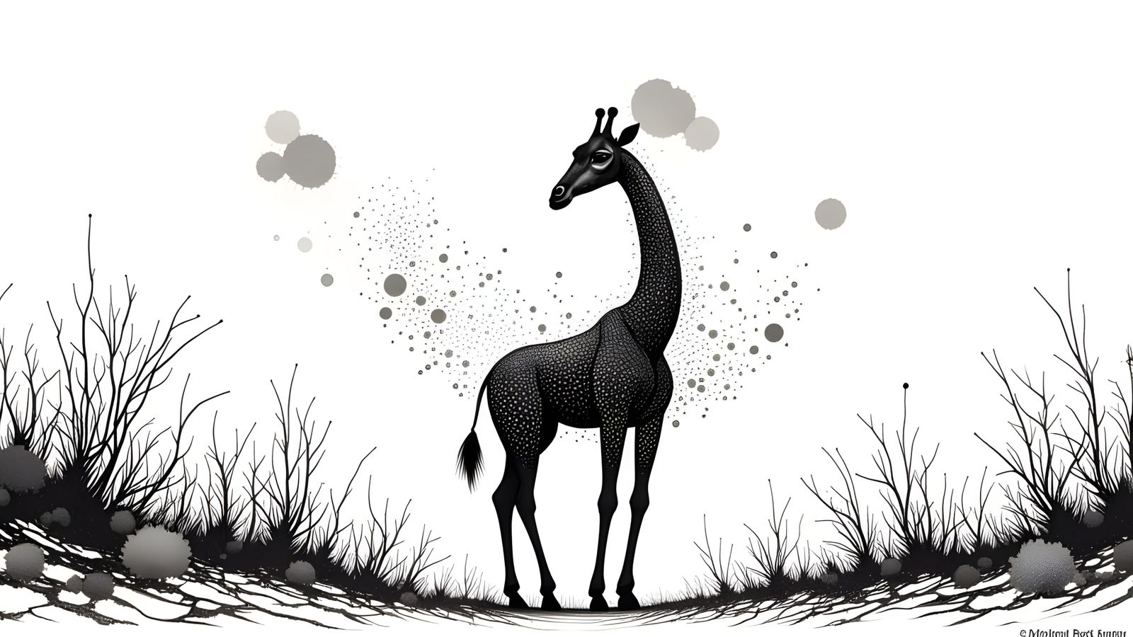 Primitivist Charcoal Giraffe with Circuitry Amidst Snow