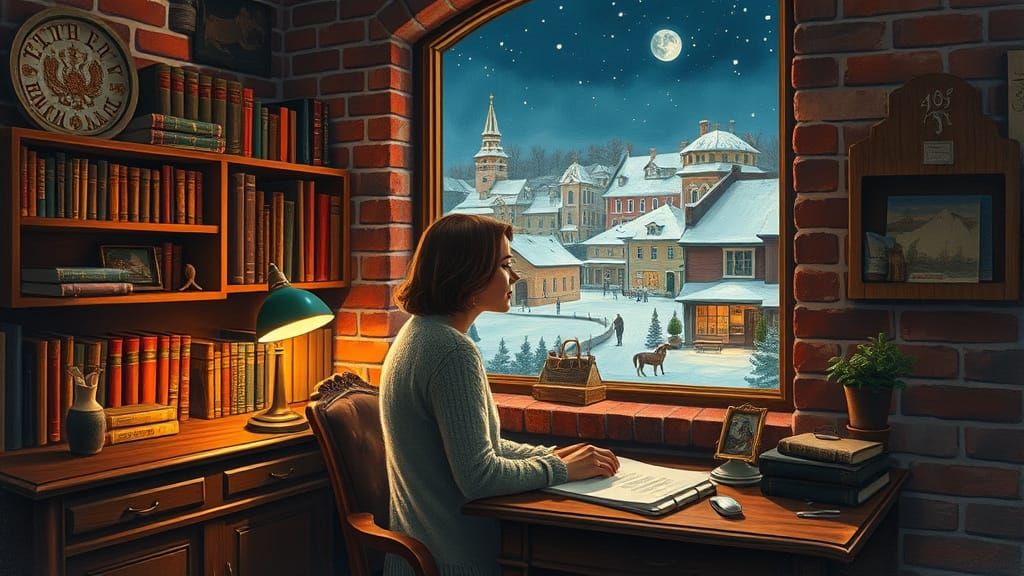 Cozy Home Office at Night in Neo-Impressionist Style