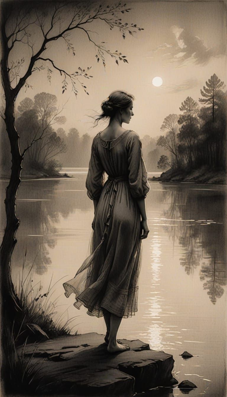 Translucent Lake Shore Serenity in Expressive Pencil Sketch