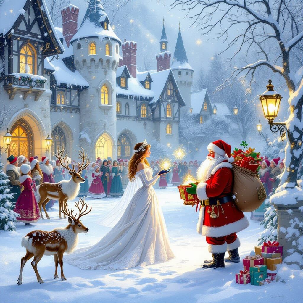 Princess in Romantic Winter Castle Courtyard with Santa and ...