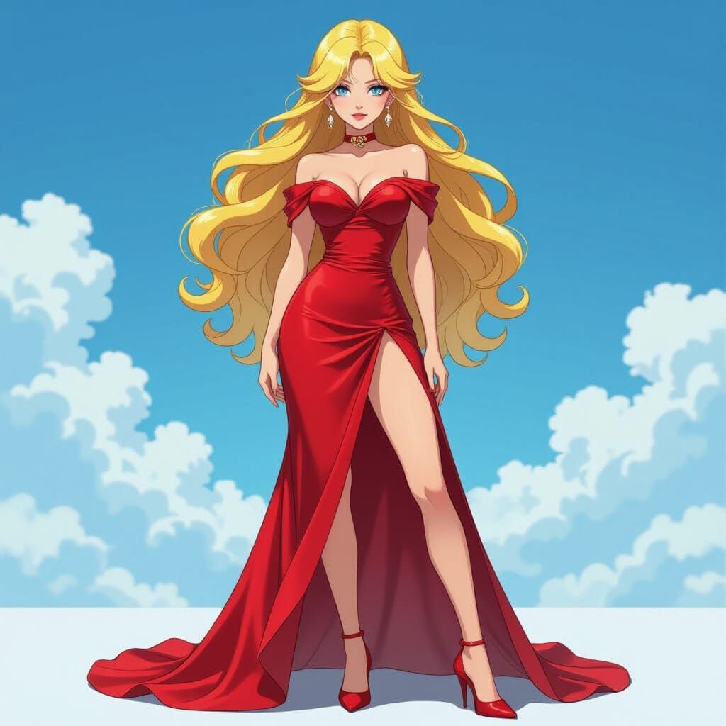 Glamorous Anime Woman in Red Silk Dress