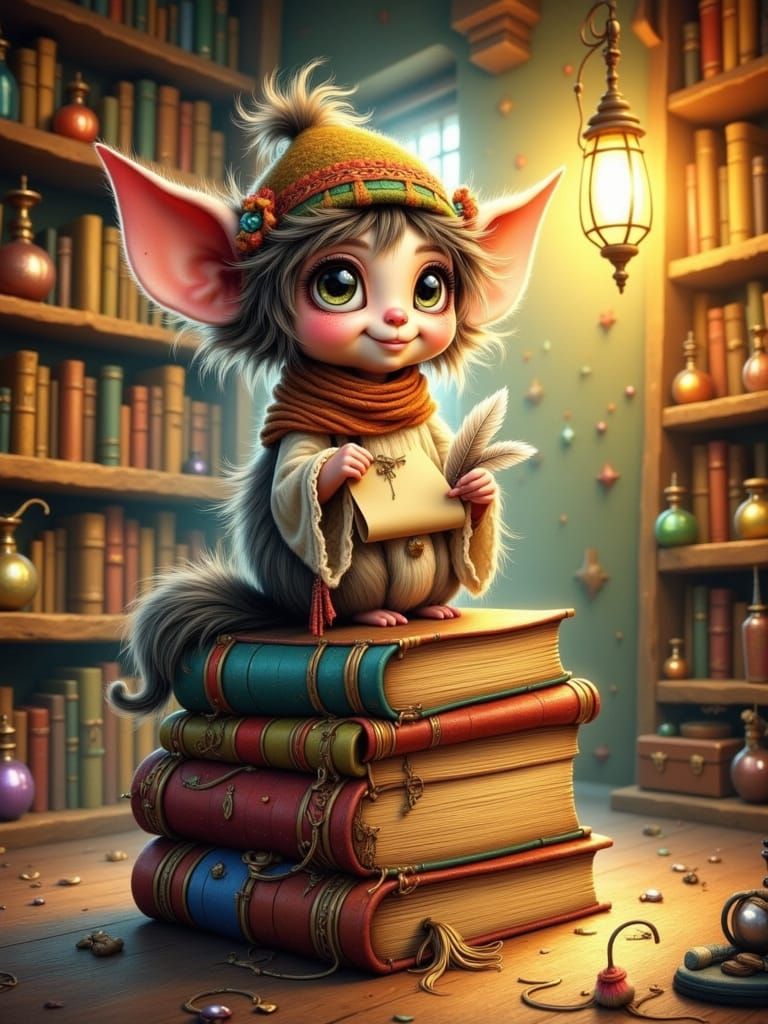 Charming Imp Discovering Magic in Fantasy Library