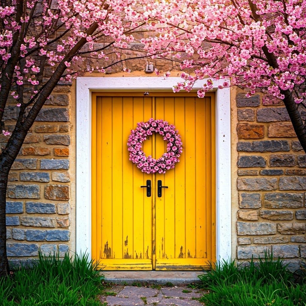 Sakura Blossoms Adorn Rustic Yellow Door: Graffiti Art