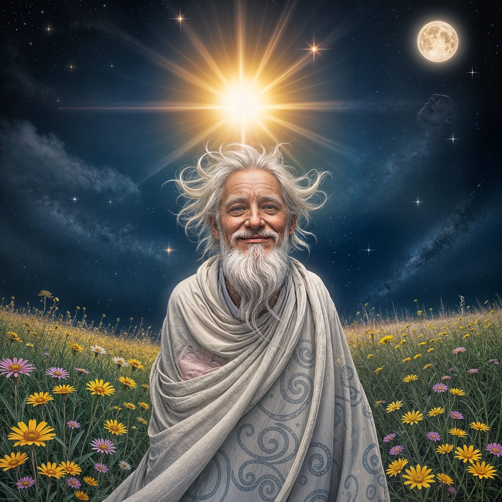 Ethereal Old Man Connects with Celestial Energy