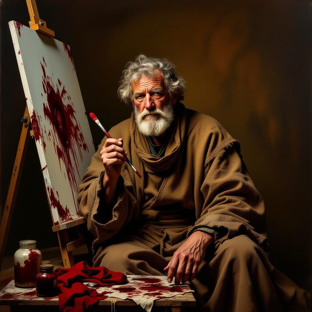 Old Man Paints Self-Portrait with Blood in Golden Light