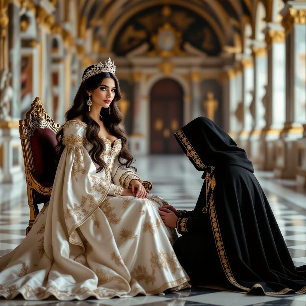 Renaissance Lady Receives a Hooded Man: Regal Portrait