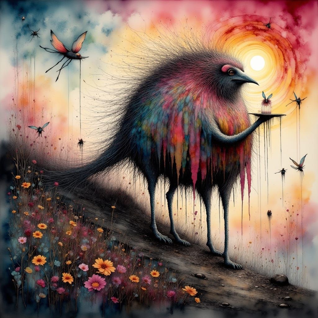 Surreal Ink Landscape with Giant Anteater Man