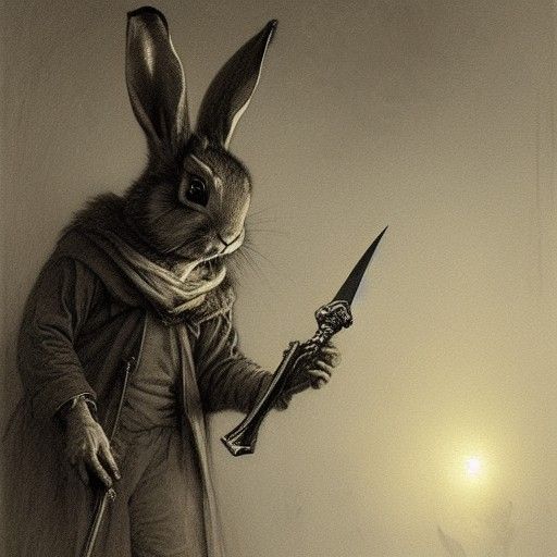 Rabbit Stabbing Scene in Engraving Style