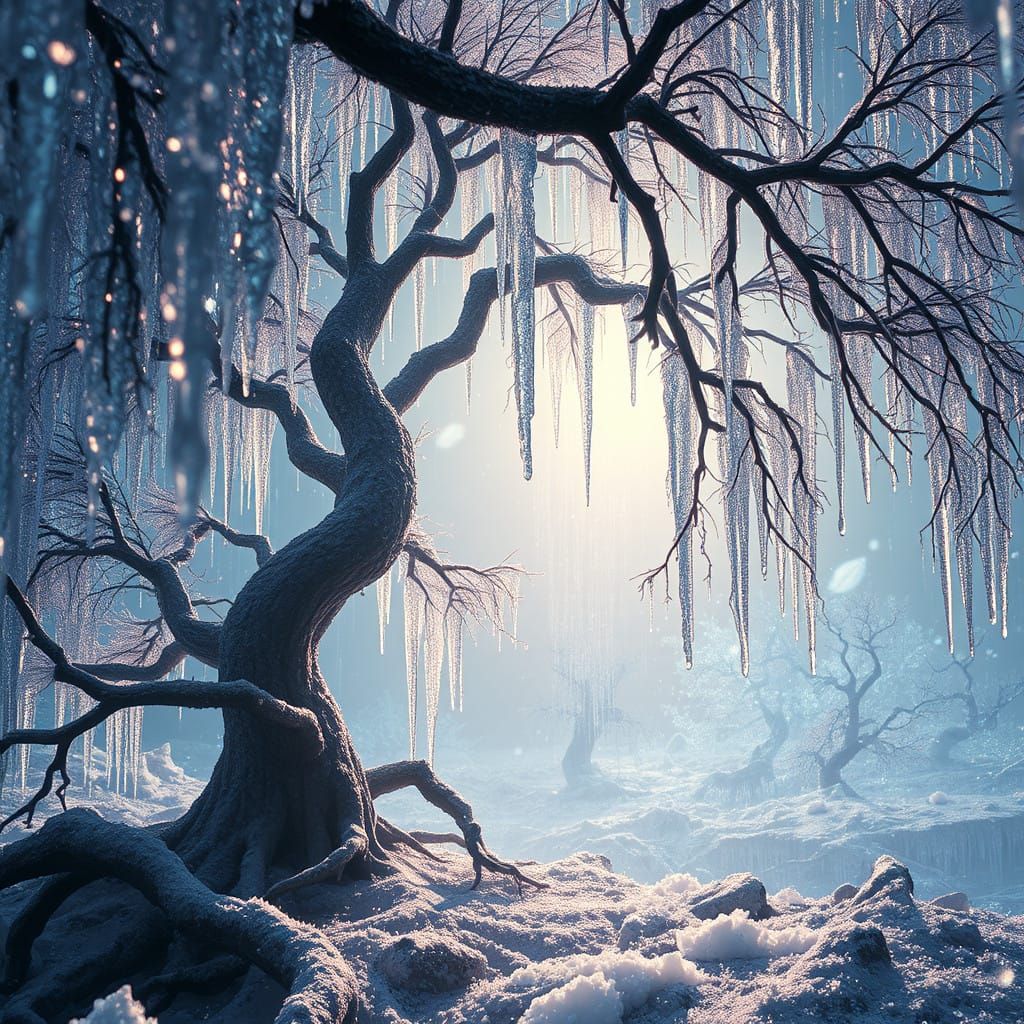 Ethereal Fantasy Realm with Crystal Formations and Frosty At...